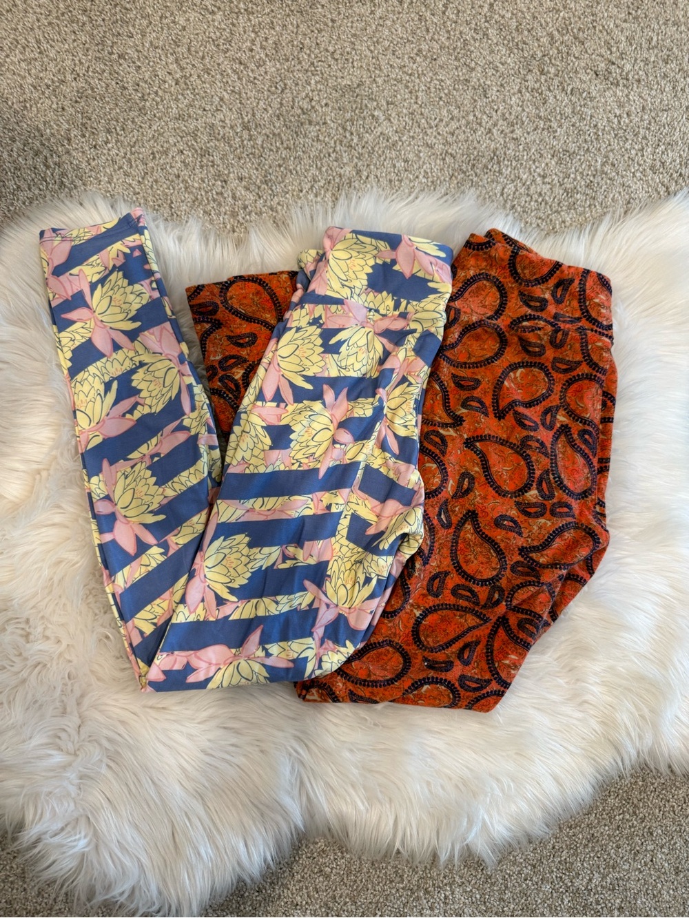 LuLaRoe Women’s Leggings in Blue, Yellow, Pink and Orange Paisley- Lot of 2